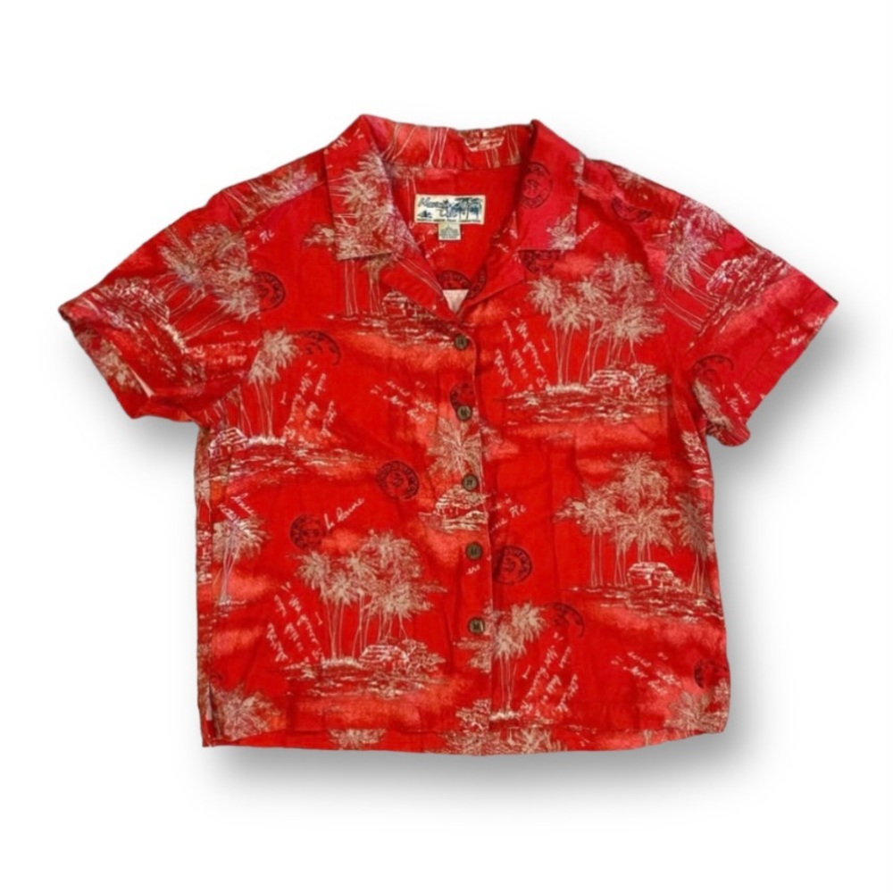 Havana Jacks Cafe Red Tropical Button Up Shirt Semi Crop Womens Size Large L